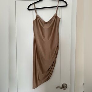 Ruched, bodycon, beige dress